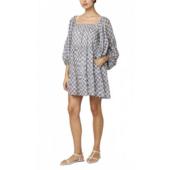 animal print halter neck dress Embracing Puff Sleeve Swing Mini Dress | Blue Check | Womens
